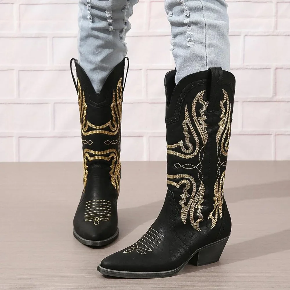 Women's Black Cowgirl Mid Calf Embroidered Block Heel Boots Brown Red Black US5